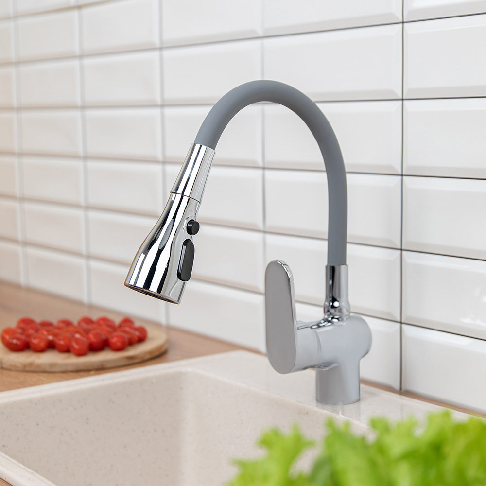 RAIN Смеситель для кухни Веста, силиконовый излив, 3 режима, картридж 40мм, латунь, серый/хром, арт.№ 561-010