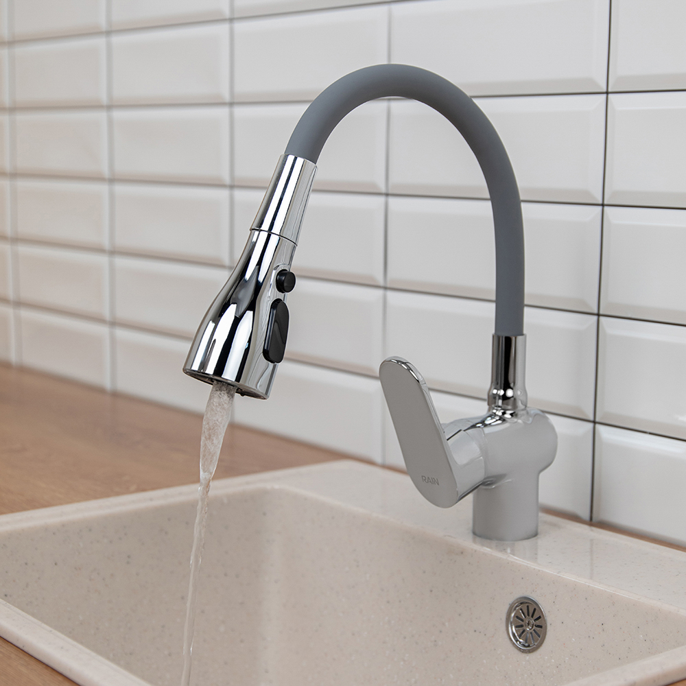 RAIN Смеситель для кухни Веста, силиконовый излив, 3 режима, картридж 40мм, латунь, серый/хром, арт.№ 561-010