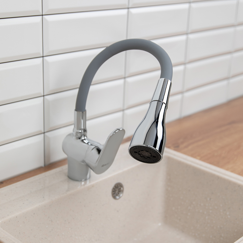 RAIN Смеситель для кухни Веста, силиконовый излив, 3 режима, картридж 40мм, латунь, серый/хром, арт.№ 561-010