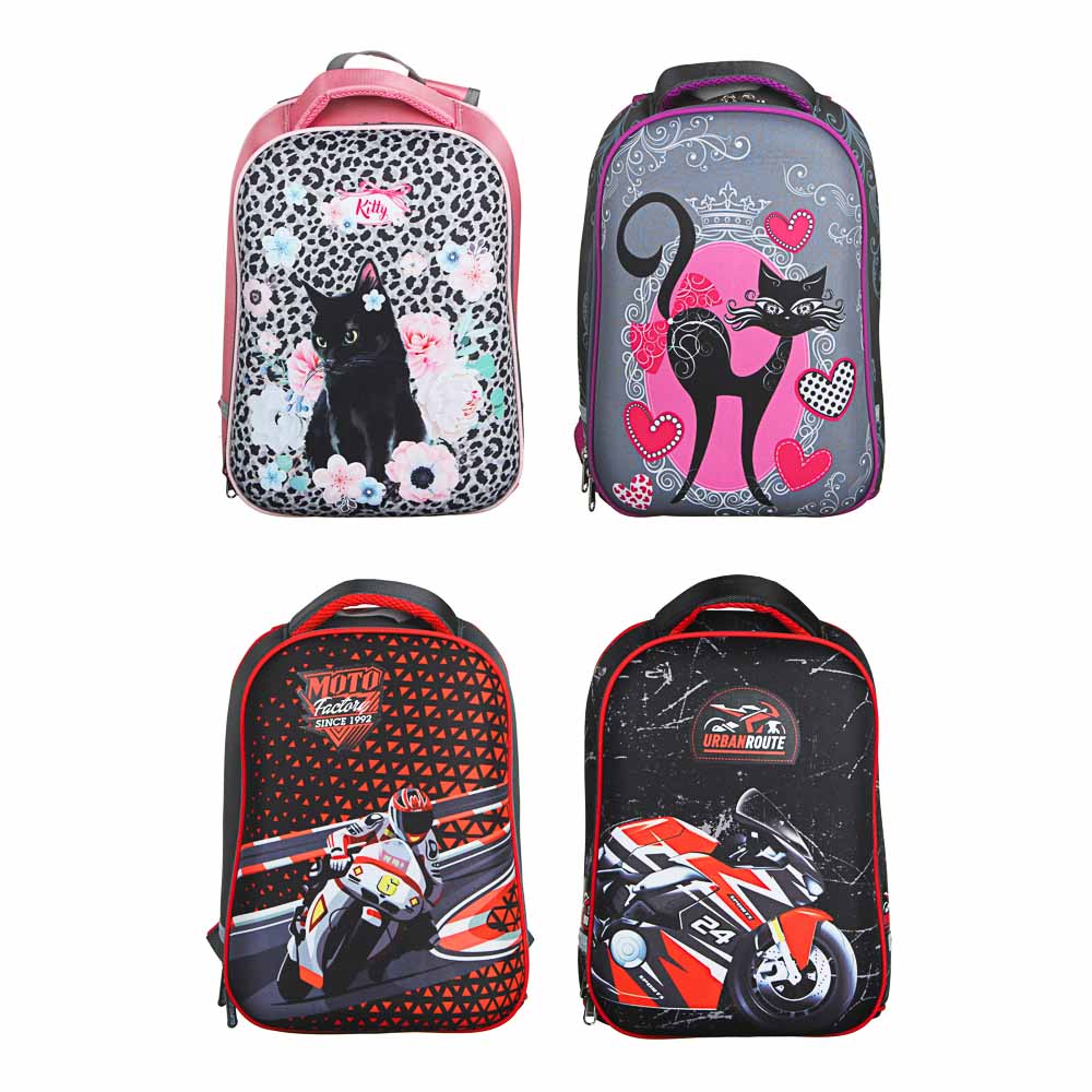 Рюкзак детский жесткий, 38x30x20см, 2 отделения, 2 кармана, эргономичная спинка, полиэстер, 4 диз., арт.№ 254-389