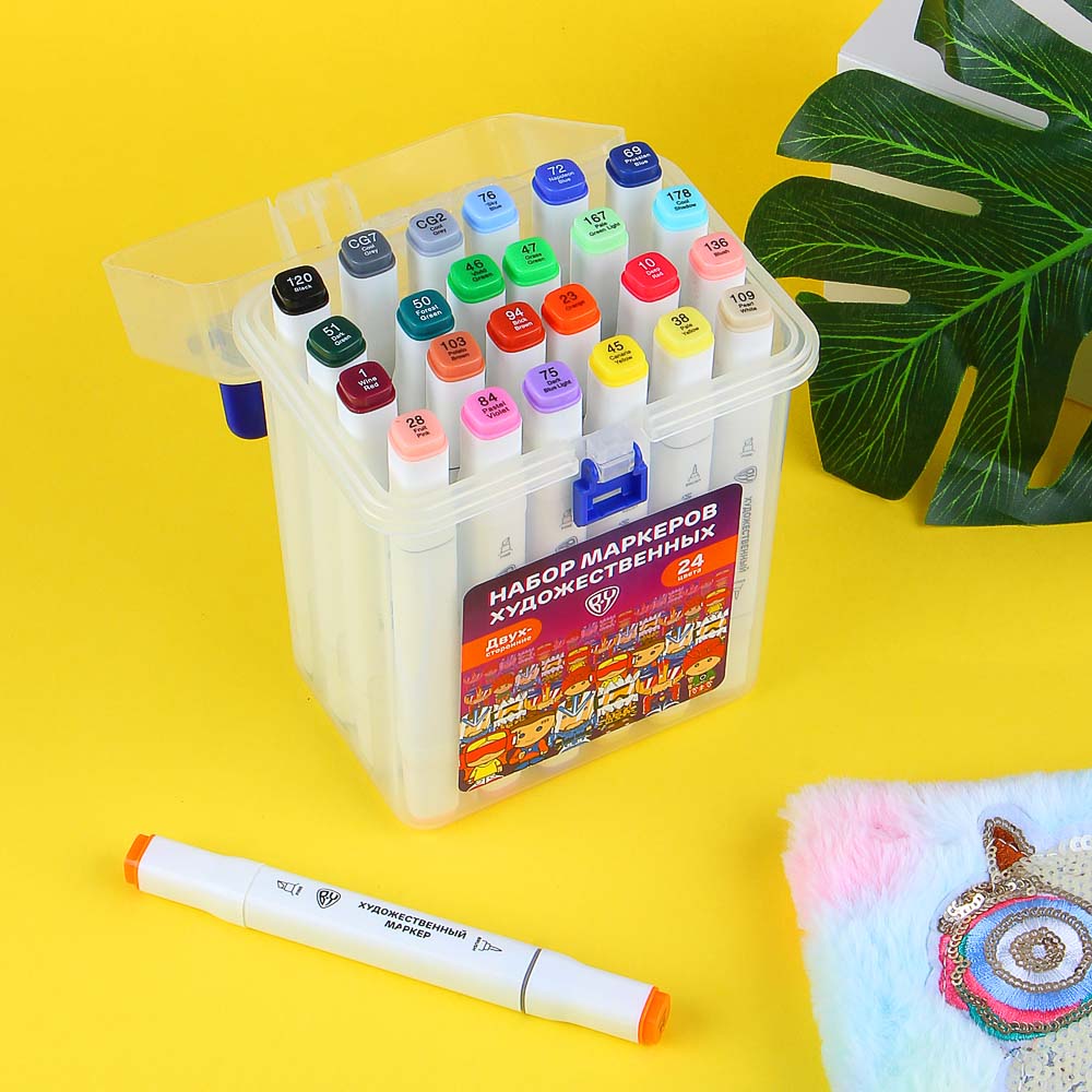 BY Набор маркеров худож., 24 цвета, 2-сторонний (скошенный 6мм + круглый 2мм), в пластиковом боксе, арт.№ 613-018