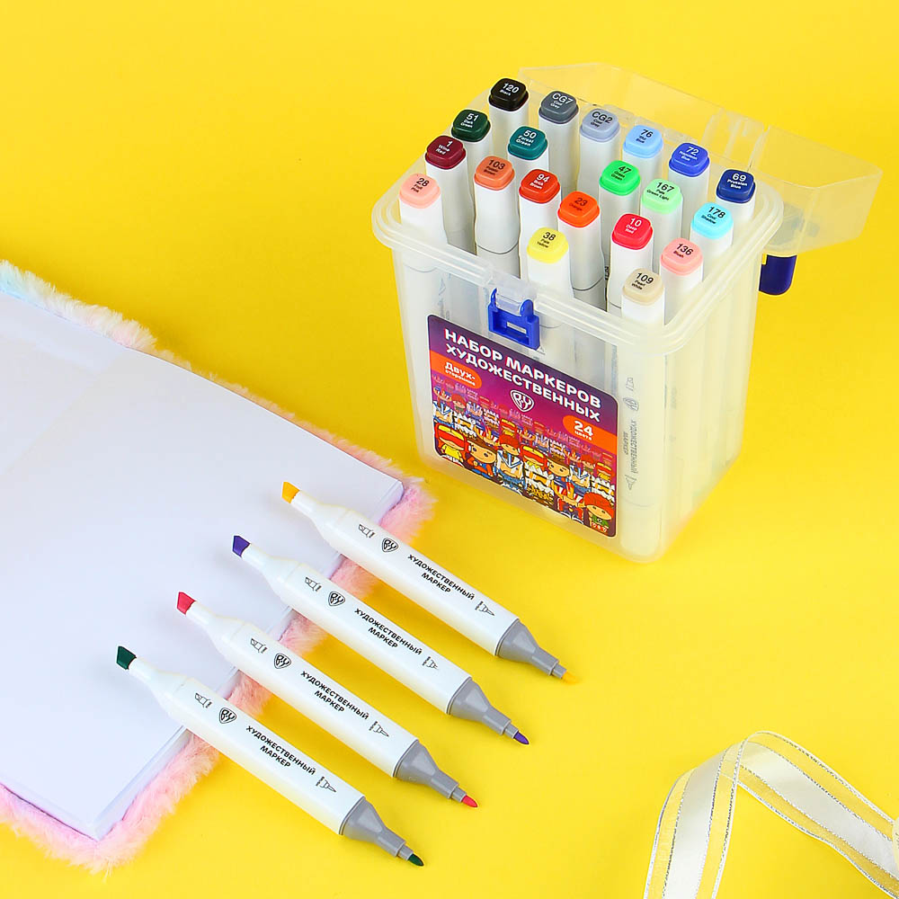 BY Набор маркеров худож., 24 цвета, 2-сторонний (скошенный 6мм + круглый 2мм), в пластиковом боксе, арт.№ 613-018