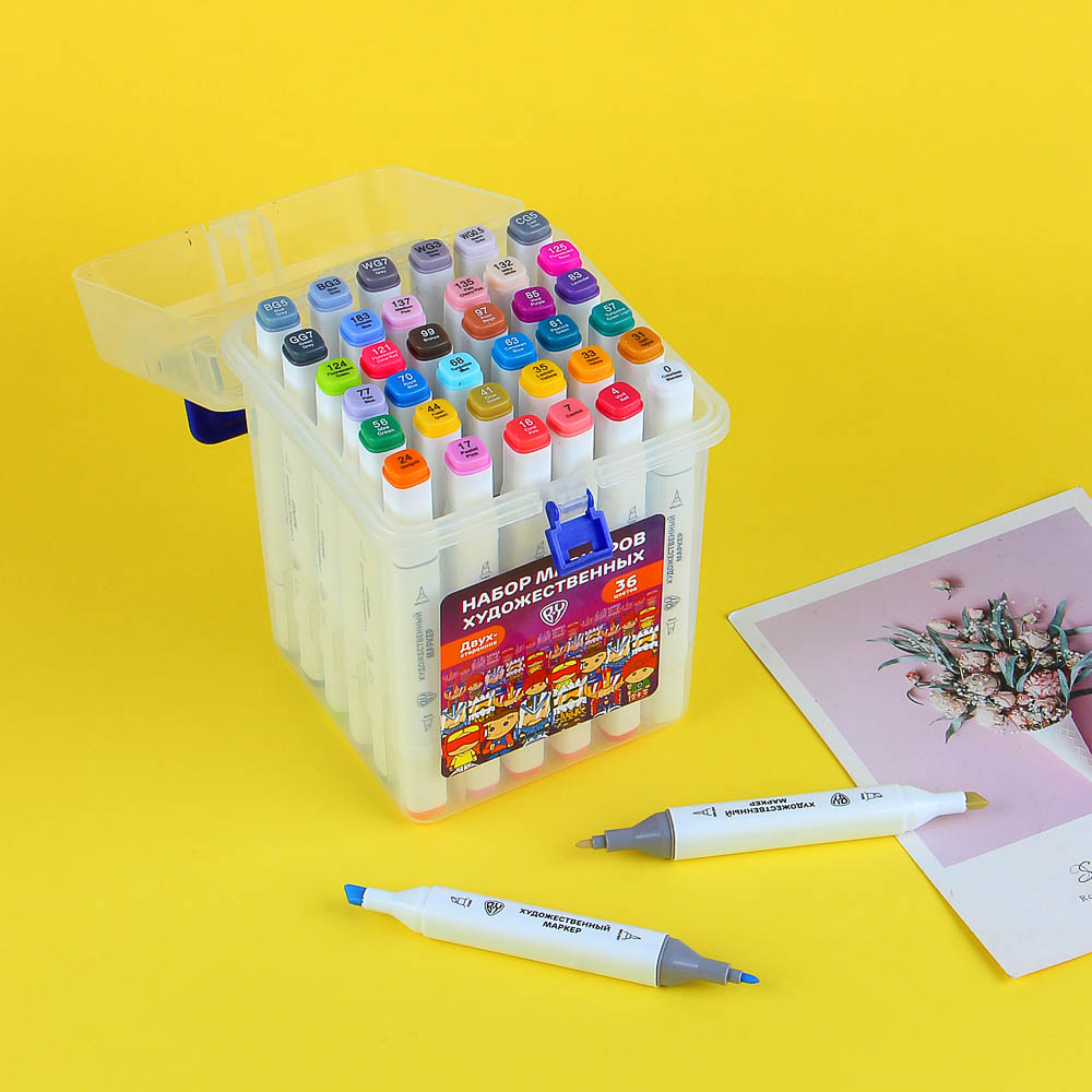 BY Набор маркеров худож., 24 цвета, 2-сторонний (скошенный 6мм + круглый 2мм), в пластиковом боксе, арт.№ 613-018