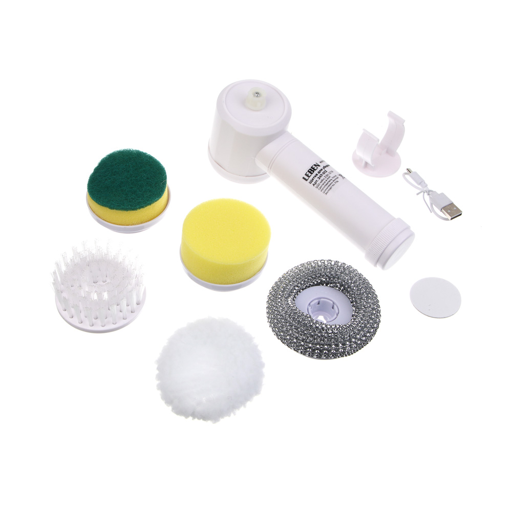 LEBEN Электрическая щетка для уборки, 5 насадок, 500 мАч, пластик, белый, арт.№ 247-013