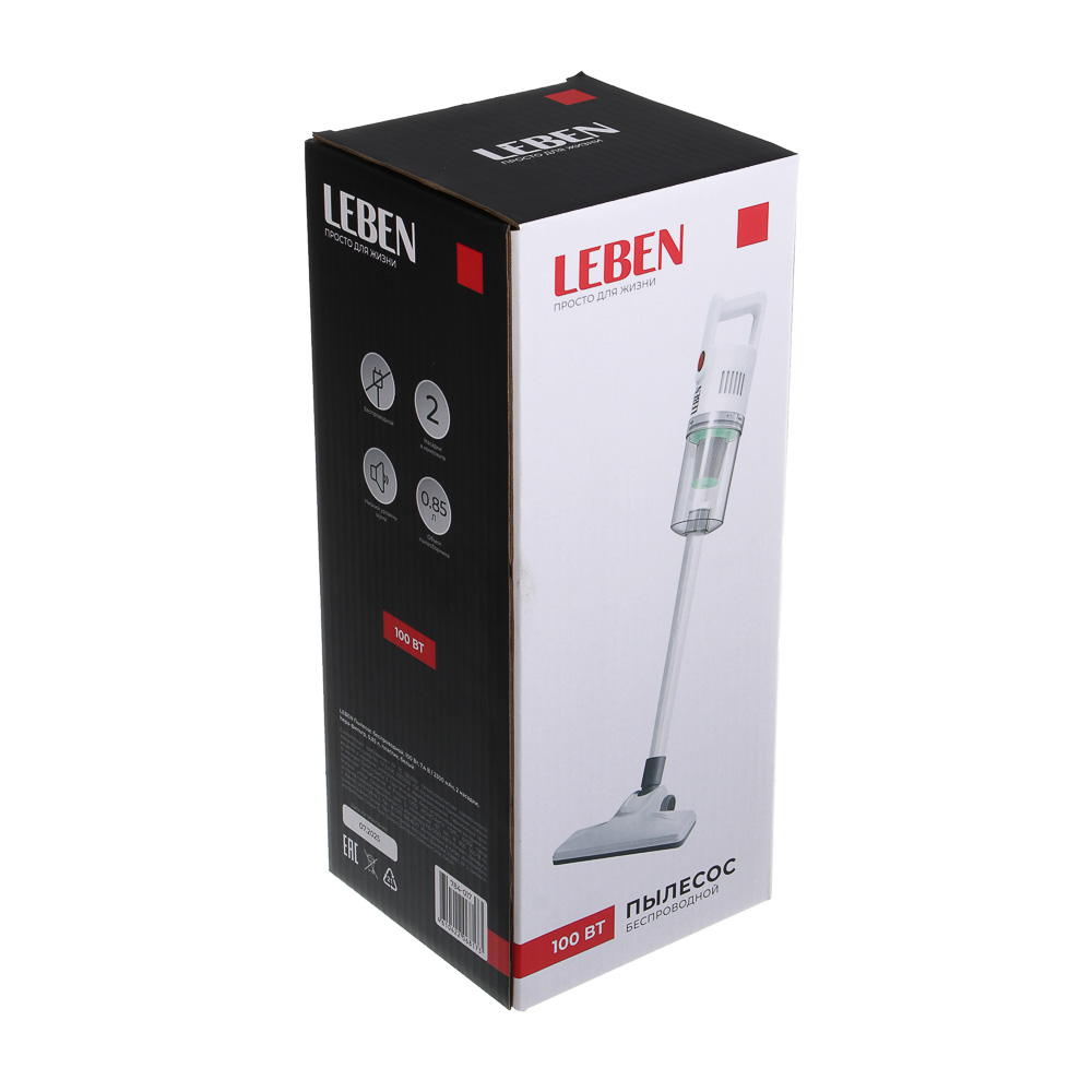 LEBEN Пылесос беспроводной, 100Вт, 7.4В/2300 мАч, 2 насадки, Hepa фильтр, 0,85л, пластик, белый, арт.№ 784-017