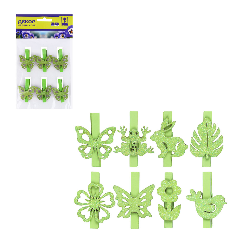 INBLOOM Декор на прищепке, 5см, МДФ, зеленый, 8 дизайнов, арт.№ 153-142