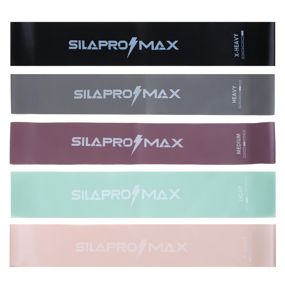 SILAPRO Max Набор фитнес резинок 5шт (5кг, 7кг, 11кг, 16кг, 21кг), 60х5см, латекс, арт.№ 093-032