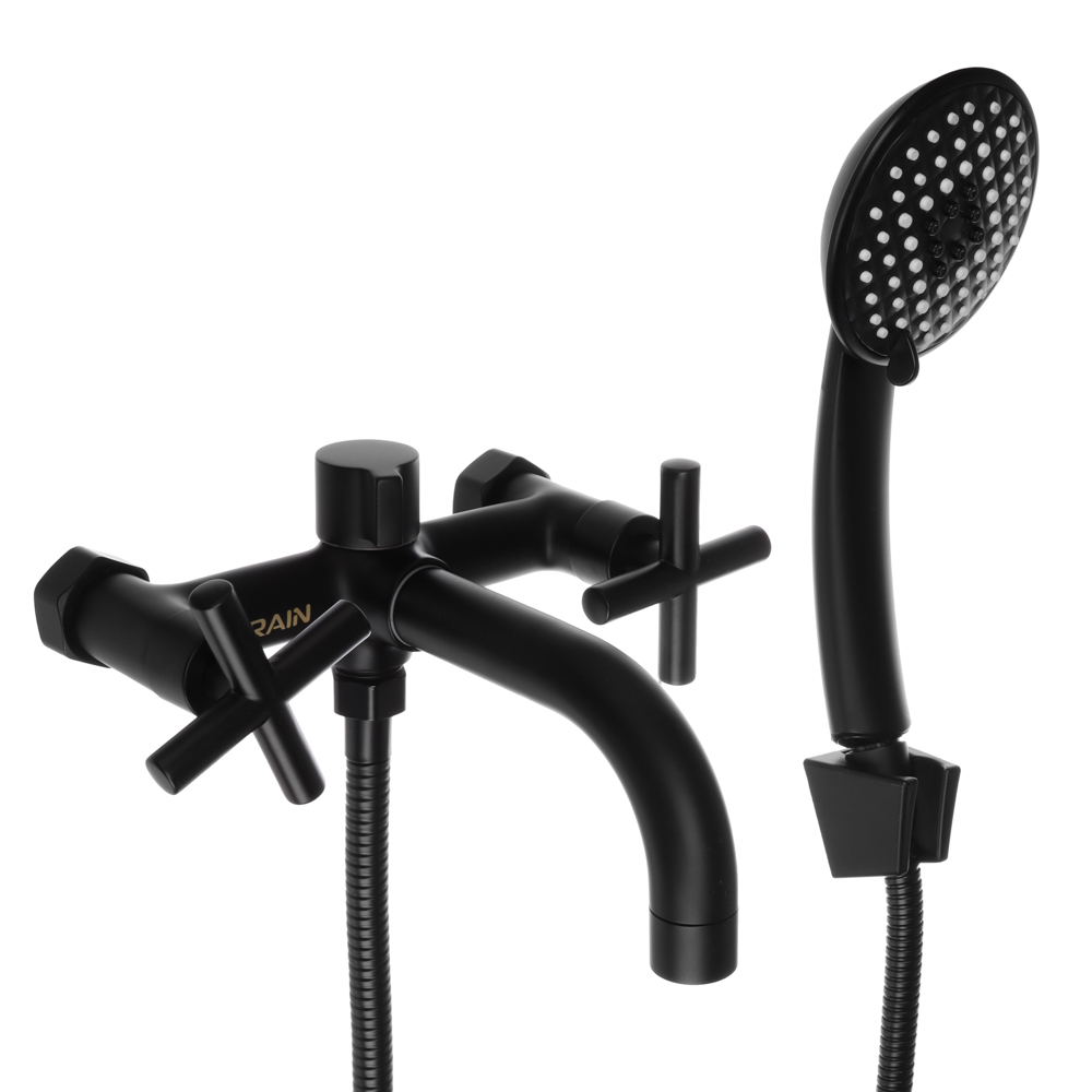 RAIN Смеситель для ванны Кристал, короткий излив, душ. набор, кран-буксы 1/2, латунь, черный, арт.№ 561-019