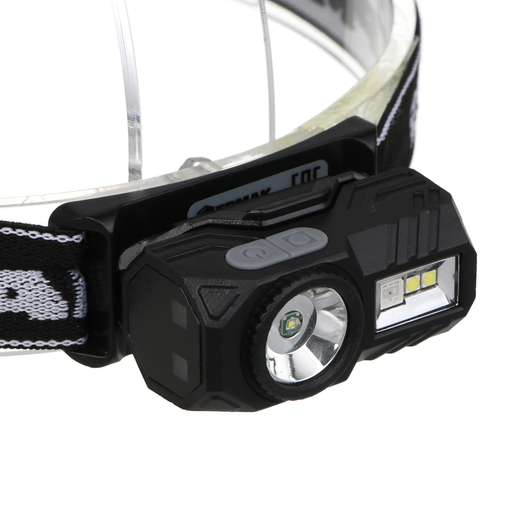 Фонарь налобный тм ЕРМАК,сенсорный,крепление,XPE LED+3LED,9 режимов,500мАч,64х45х34 мм,красный свет, арт.№ 221-090