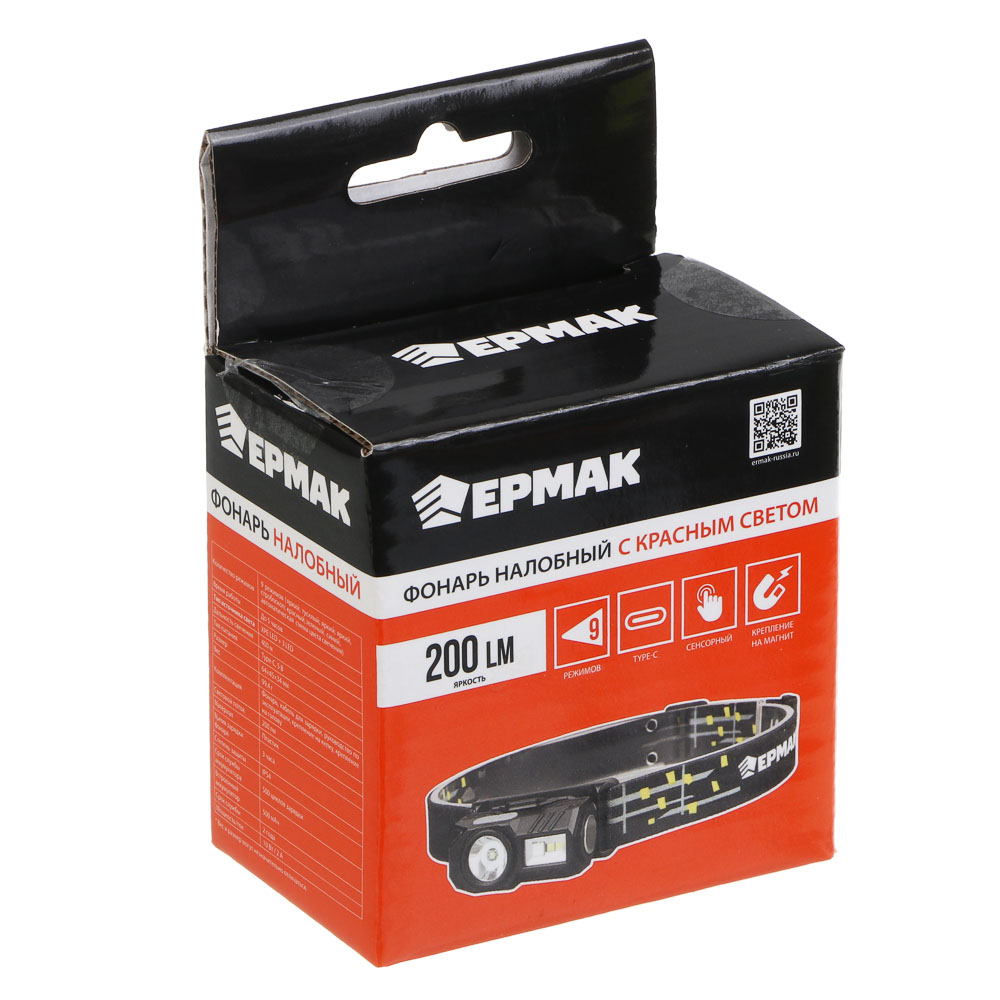 Фонарь налобный тм ЕРМАК,сенсорный,крепление,XPE LED+3LED,9 режимов,500мАч,64х45х34 мм,красный свет, арт.№ 221-090