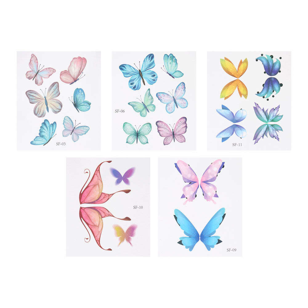 ЮНИLOOK Тату переводные для лица и тела бабочки, 11х10 см, ПВХ, 5 дизайнов, ВЗ24-47, арт.№ 357-329