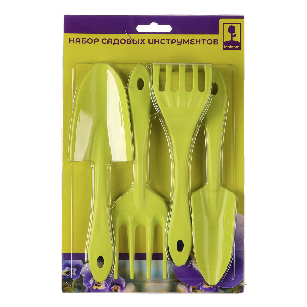 Набор садовых инструментов (лопатка, совок для пересадки, грабельки, вилка для рыхления) салатовый, арт.№ 182-022