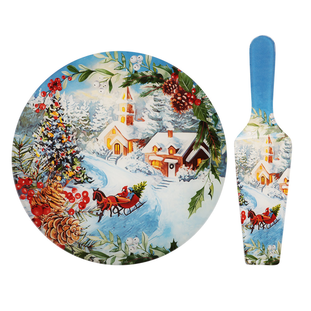 Зимний пейзаж Набор для торта 2 предмета, блюдо 30см, лопатка 26х7см, стекло, арт.№ 820-800