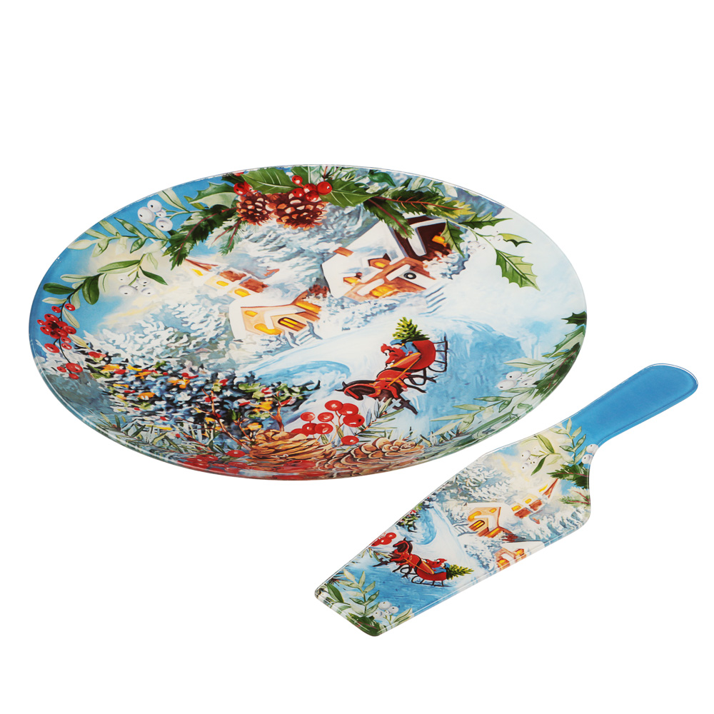 Зимний пейзаж Набор для торта 2 предмета, блюдо 30см, лопатка 26х7см, стекло, арт.№ 820-800