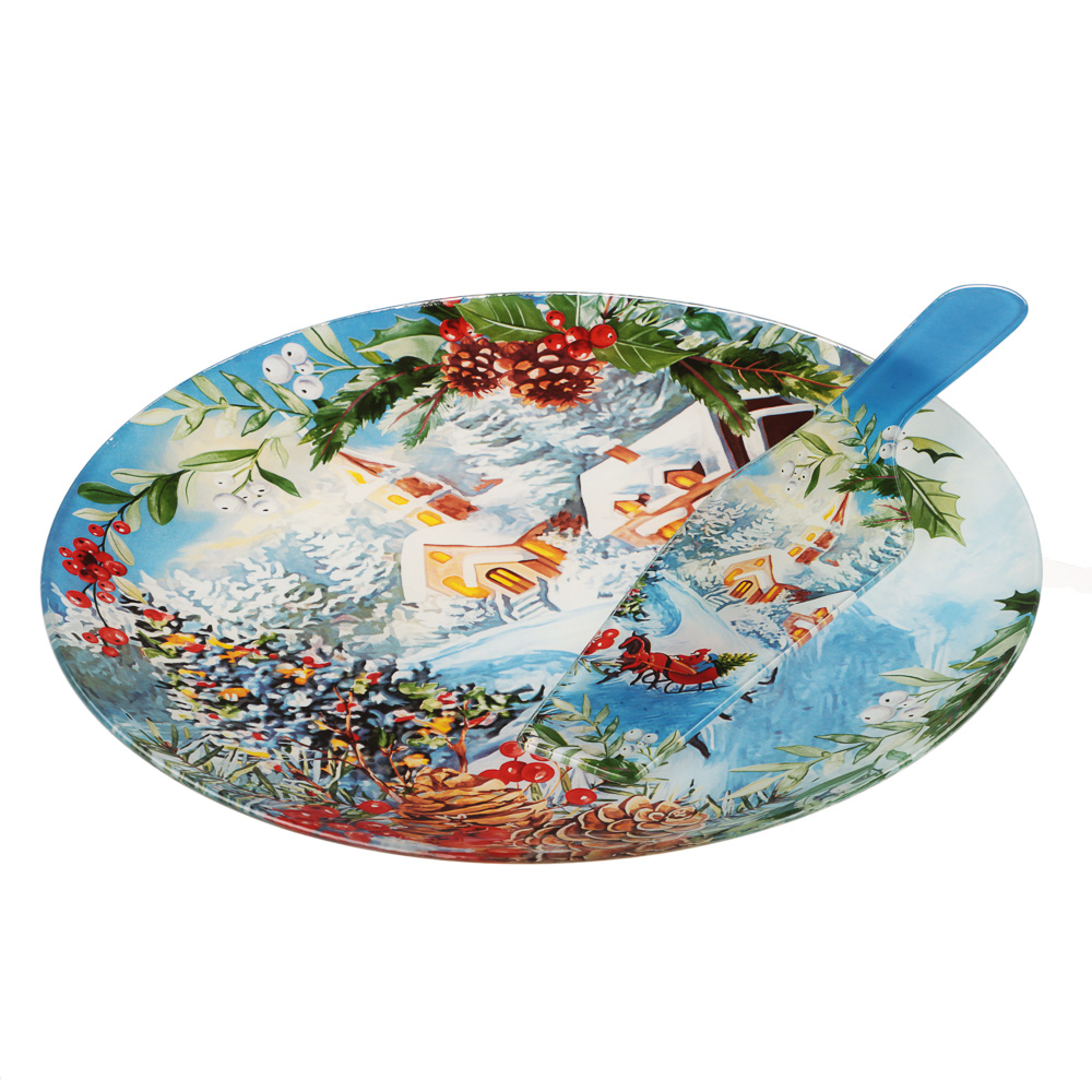 Зимний пейзаж Набор для торта 2 предмета, блюдо 30см, лопатка 26х7см, стекло, арт.№ 820-800