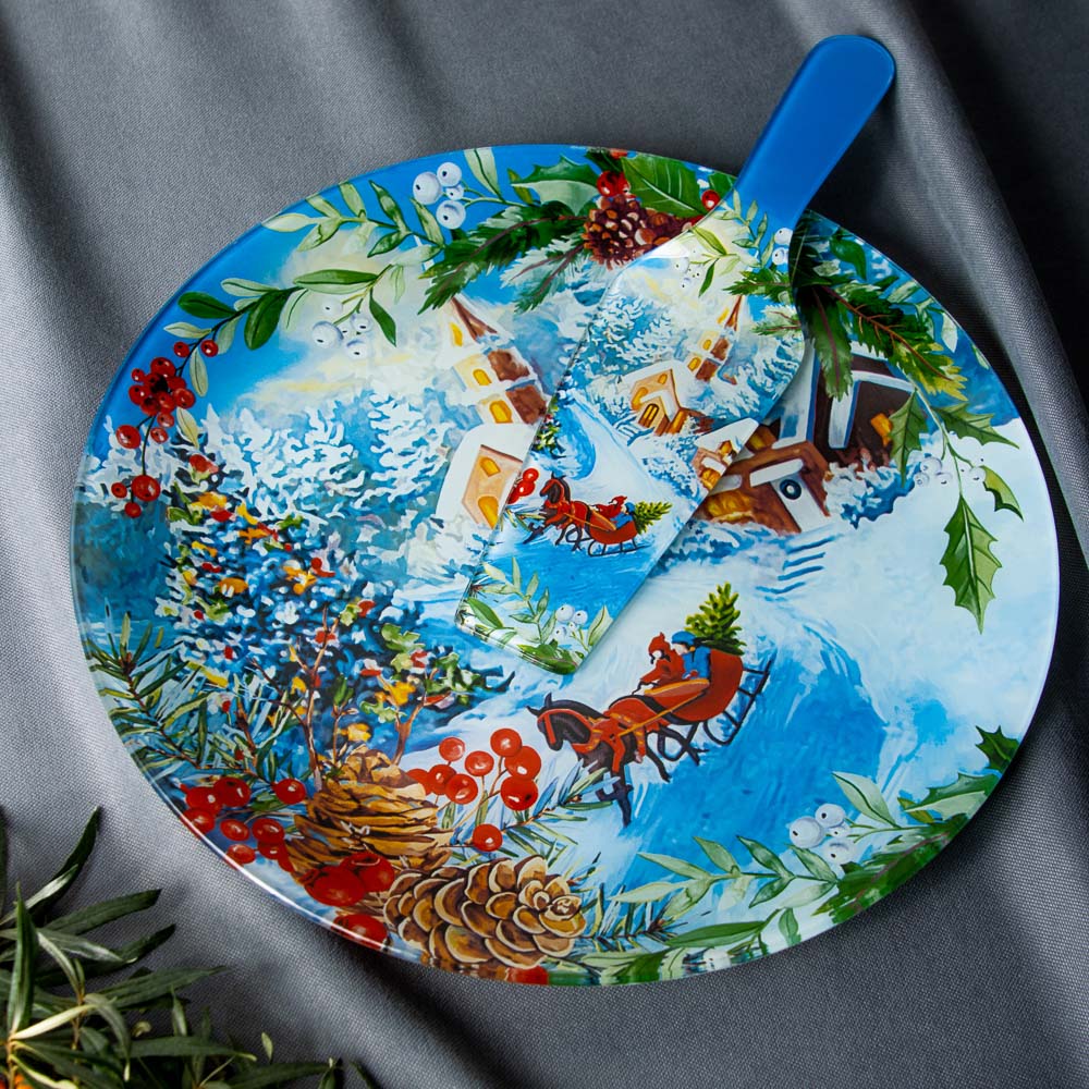 Зимний пейзаж Набор для торта 2 предмета, блюдо 30см, лопатка 26х7см, стекло, арт.№ 820-800