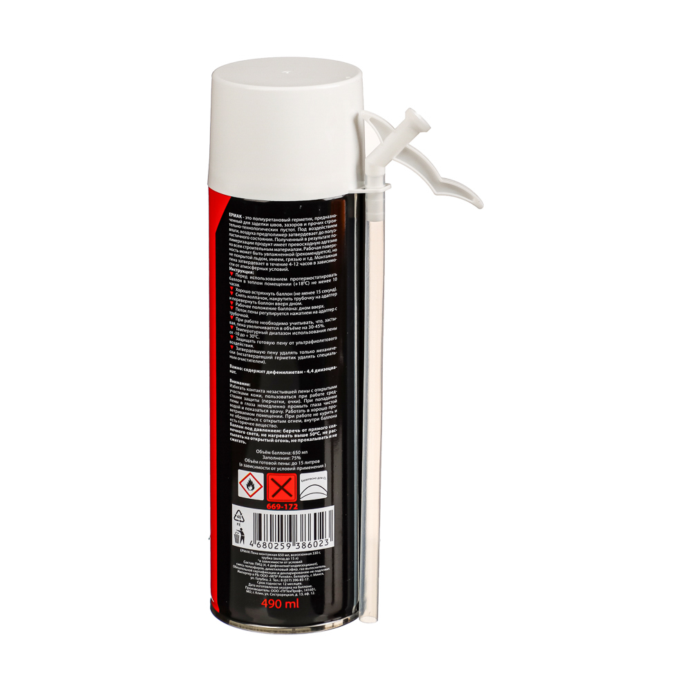Пена монтажная тм ЕРМАК, всесезон, баллон 650мл, м.брутто 330г, трубка, выход до 12л, арт.№ 669-172