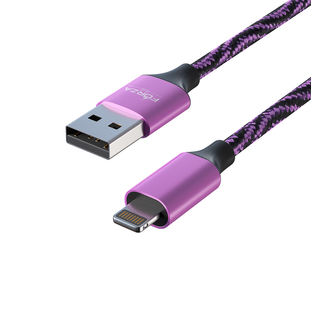 Кабель для зарядки USB(A)-iP FORZA Серпантин, 1м, 1.5А, тканевая оплётка, 4 цвета, пакет, арт.№ 470-032