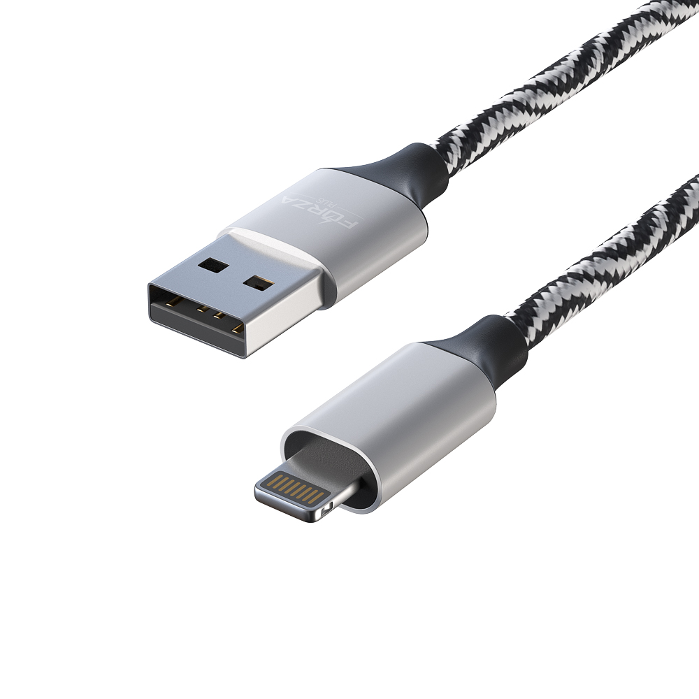 Кабель для зарядки USB(A)-iP FORZA Серпантин, 1м, 1.5А, тканевая оплётка, 4 цвета, пакет, арт.№ 470-032
