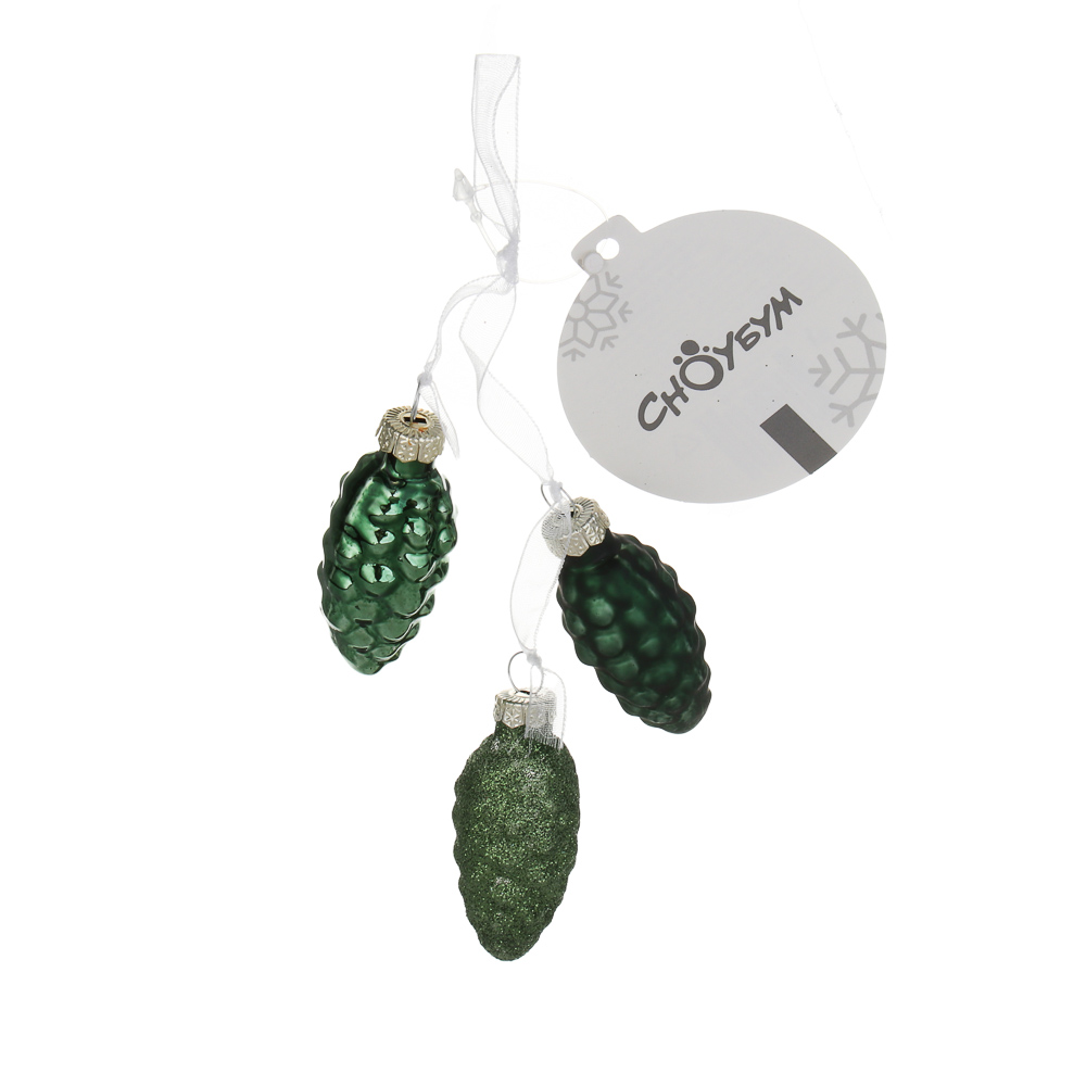 СНОУ БУМ Набор украшений "Шишки" на ленте 6,3x2,5 см, 3 шт, стекло зеленые, арт.№ 368-118