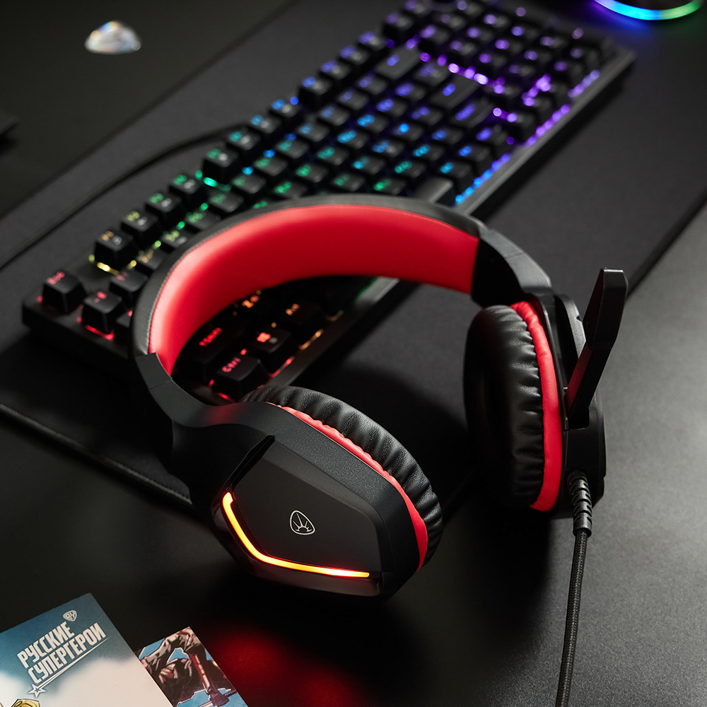 Наушники проводные с микрофоном игровые BY Bascinet USB 3,2 м, красная подсветка, арт.№ 410-084