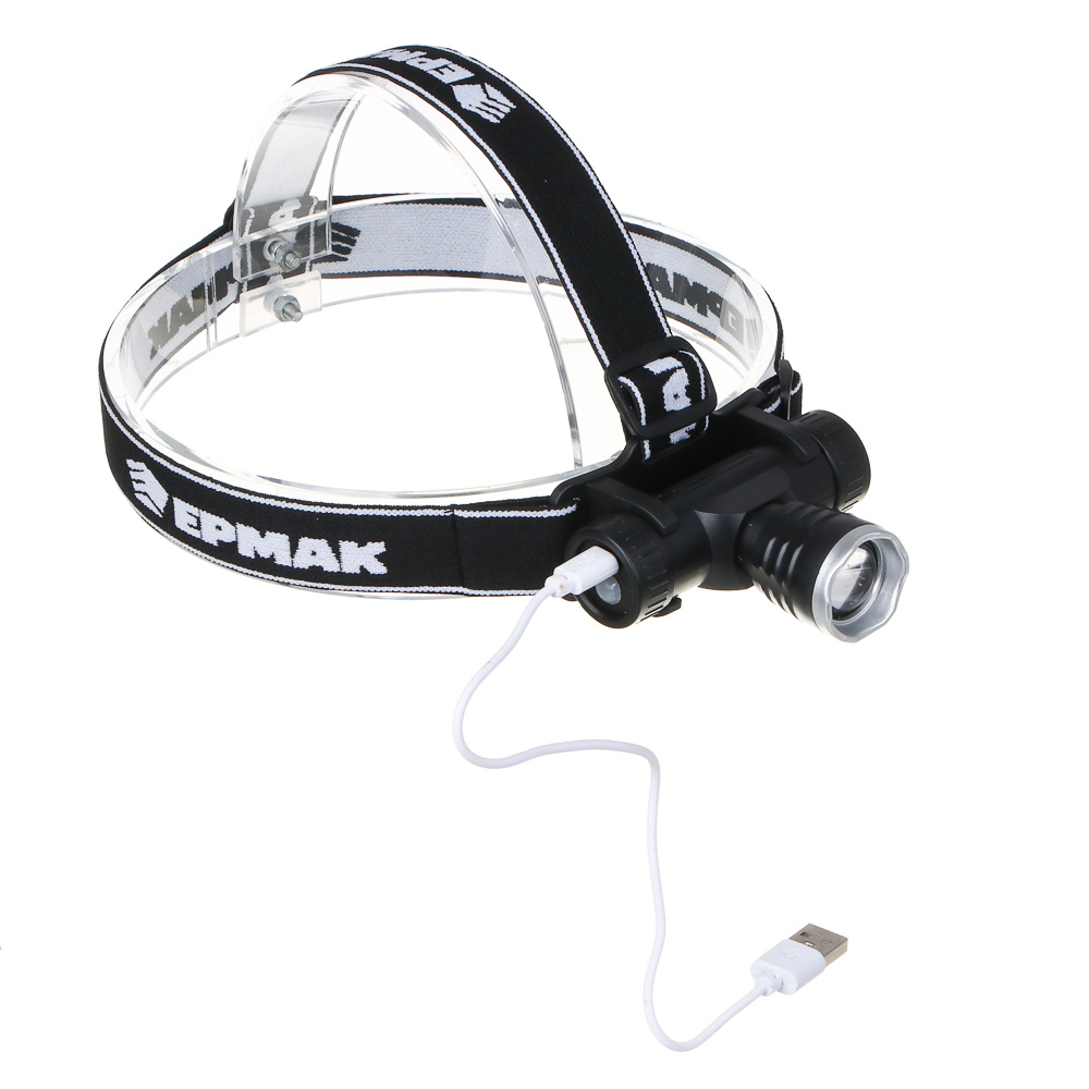 Фонарь налобный тм ЕРМАК, CREE XPE LED, 4 режима, 1200мАч, 8,3х3,8х7,3см, USB кабель, пластик, арт.№ 221-074
