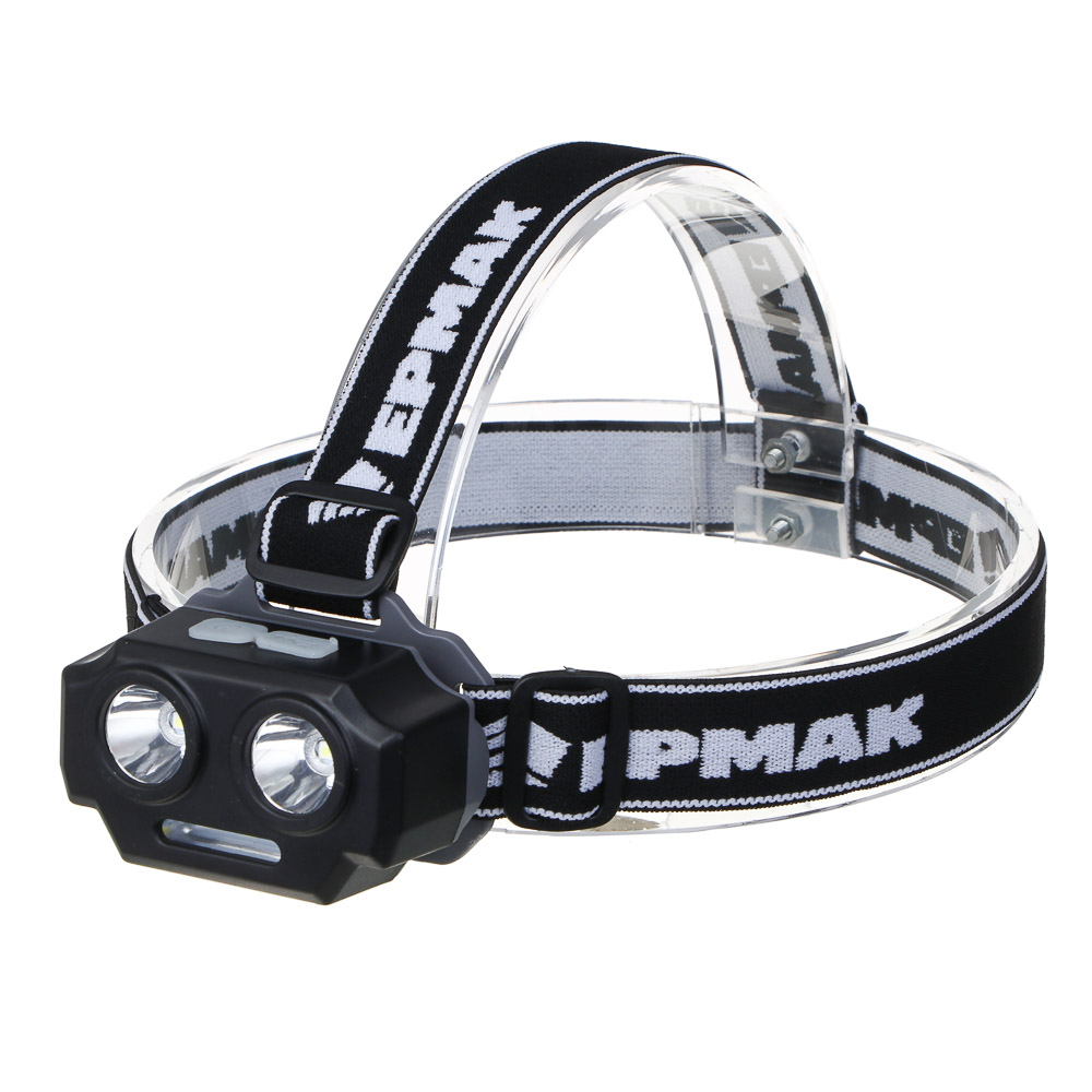 Фонарь налобный тм ЕРМАК, 2 P30 LED +3 SMD, 5 режимов, 1200мАч, 7,2х4,8х4см, USB кабель, пластик, арт.№ 221-073