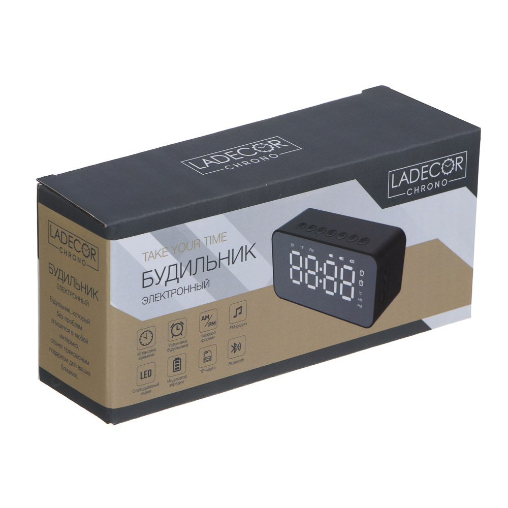 LADECOR CHRONO Будильник электронный, 12,4x3,6x6 см, USB, пластик, цвет корпуса черный, арт.№ 529-315