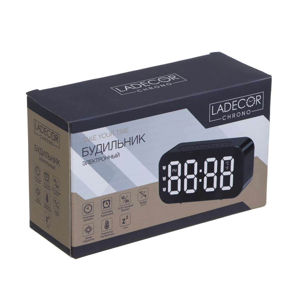 LADECOR CHRONO Будильник электронный, 12x4x6 см,3xAAA, пластик, цвет корпуса черный, арт.№ 529-316