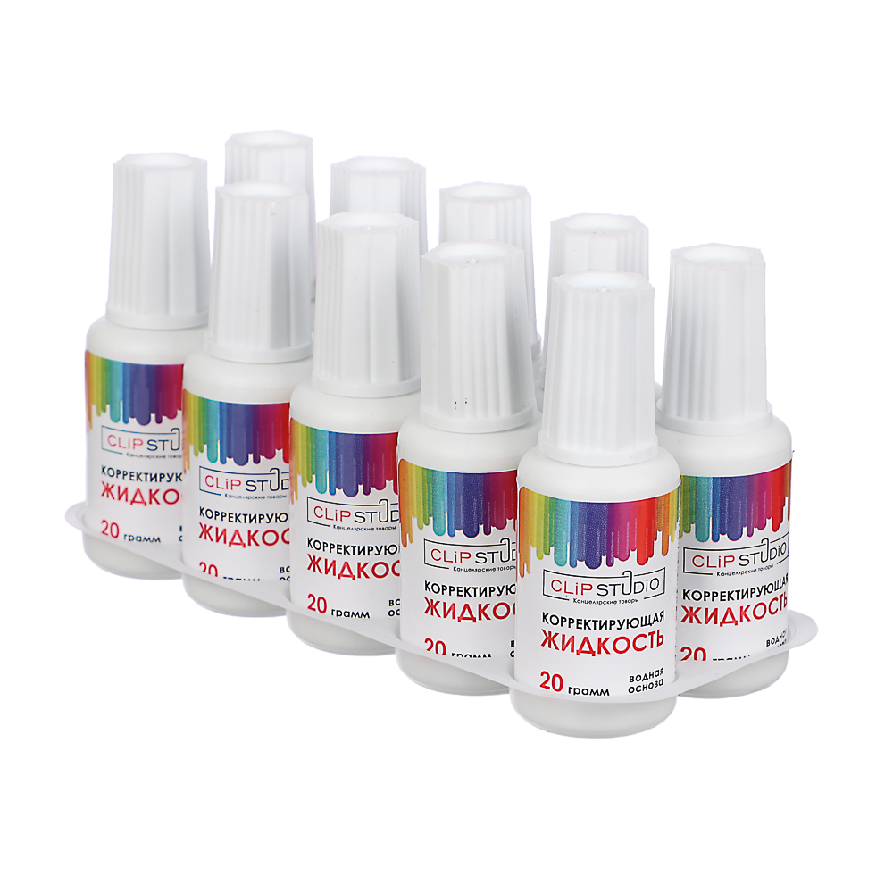 Корректирующая жидкость ClipStudio с кисточкой в бутылочке 20грамм, водная основа, арт.№ 587-004