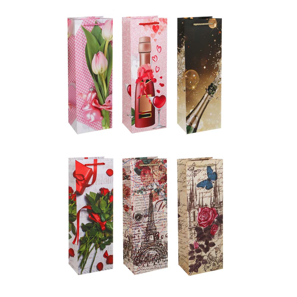 Пакет подарочный бумажный тм LADECOR, 12x9x35 см, для бутылок арт 2, 6 дизайнов, арт.№ 507-477