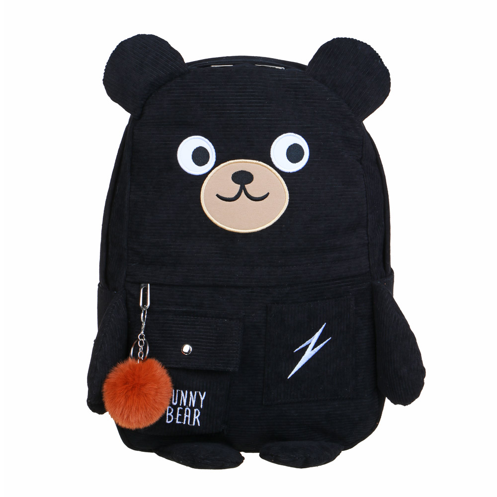 Рюкзак подростковый 44x30x13см, 1 отд., 5 карм., вышивка, декор "мишка", брелок, вельвет, черный, арт.№ 254-722