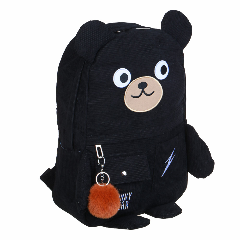 Рюкзак подростковый 44x30x13см, 1 отд., 5 карм., вышивка, декор "мишка", брелок, вельвет, черный, арт.№ 254-722