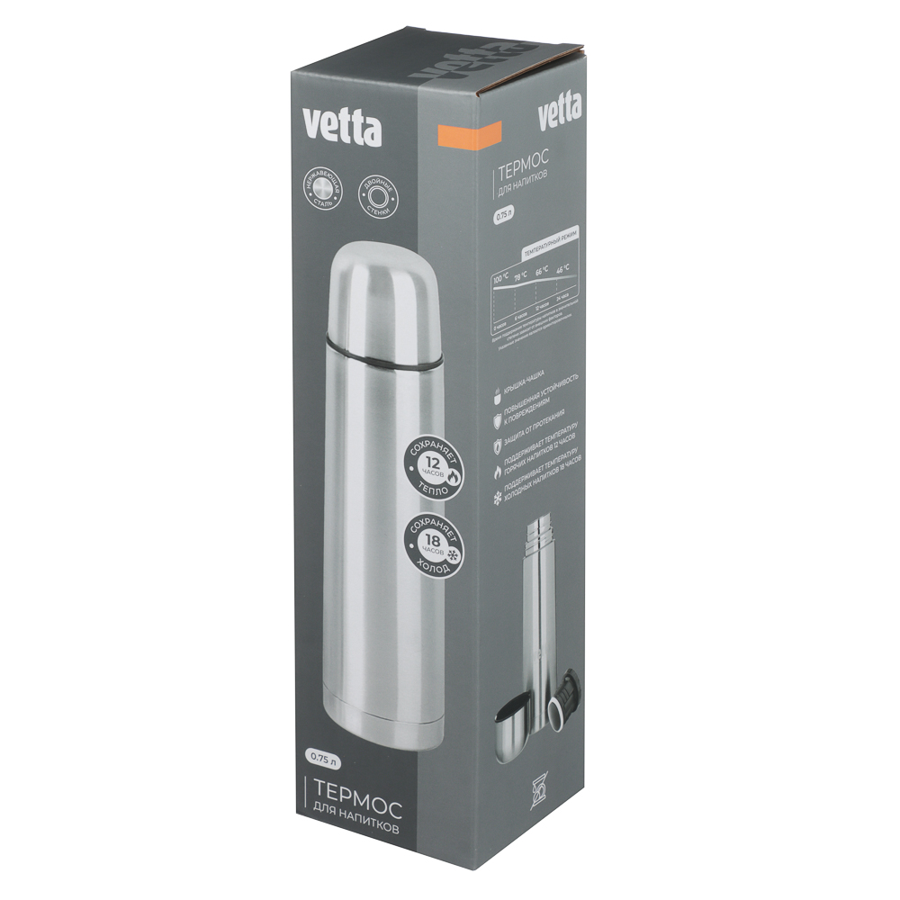 VETTA Термос 0,75л "Буллет" для напитков, серебристый, нержавеющая сталь, арт.№ 841-786