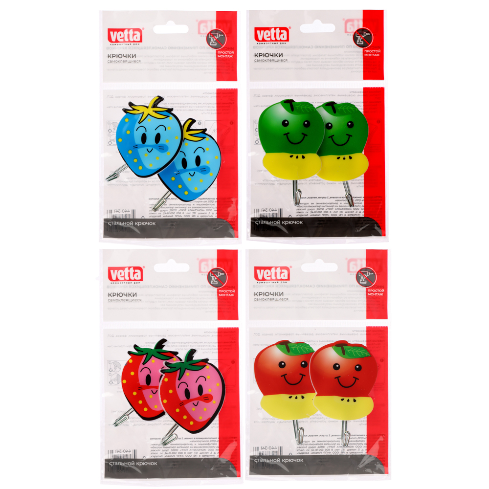 VETTA Крючки самоклеящиеся в пакете, 2шт, металл, пластик, 4 дизайна, арт.№ 440-341