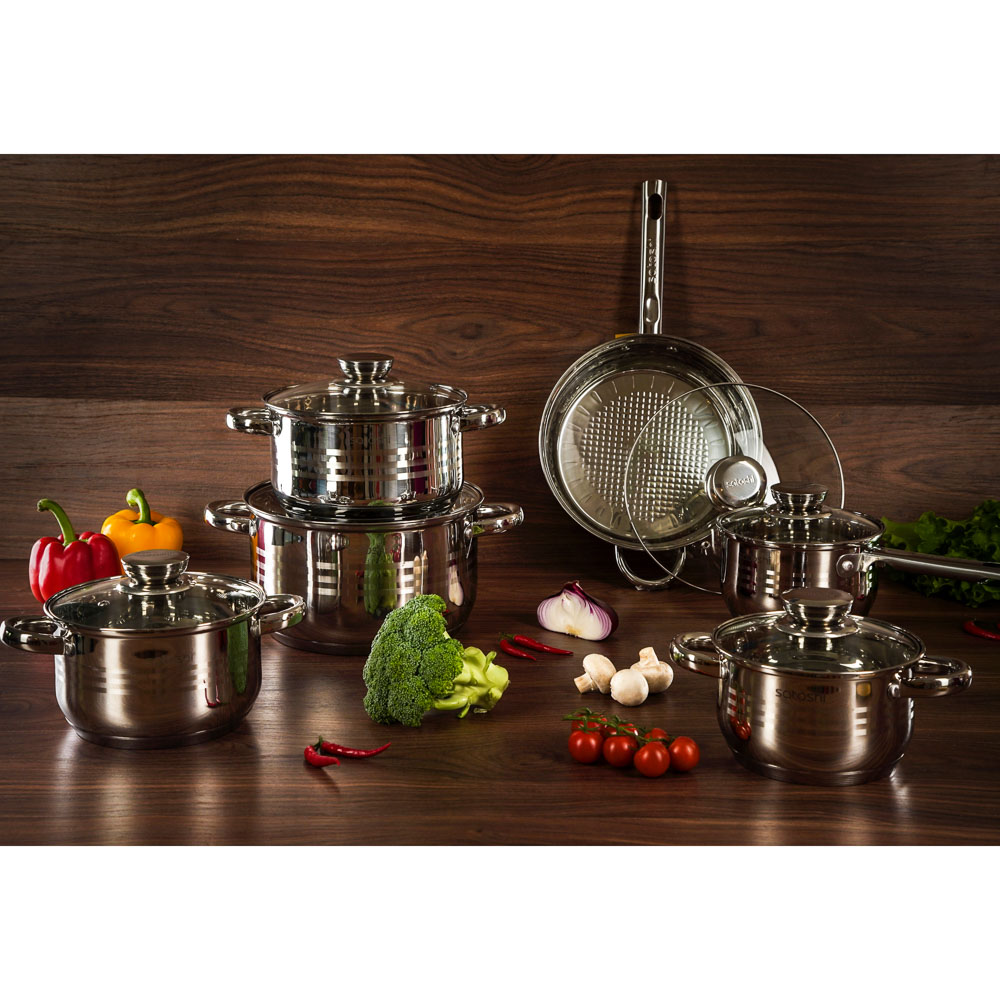 SATOSHI Рокруа Набор кастрюль 12пр: кастрюли 6,2л+3,7л+2,8л+1,9л, сковорода 3,1л, ковш 1,9л, арт.№ 822-132