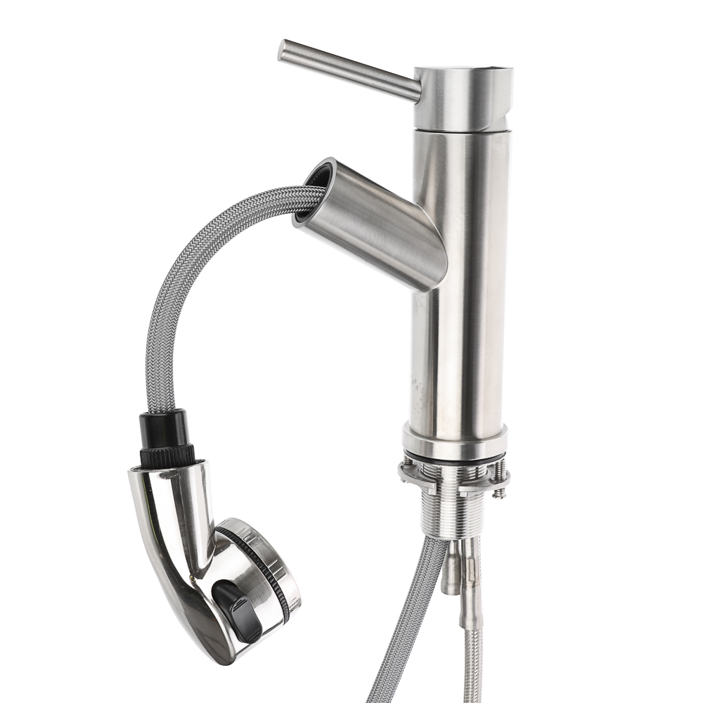 СоюзКран Смеситель для кухни, низкий выдвижной излив, картридж 35мм, нерж. сталь, SS01-D132, арт.№ 567-014