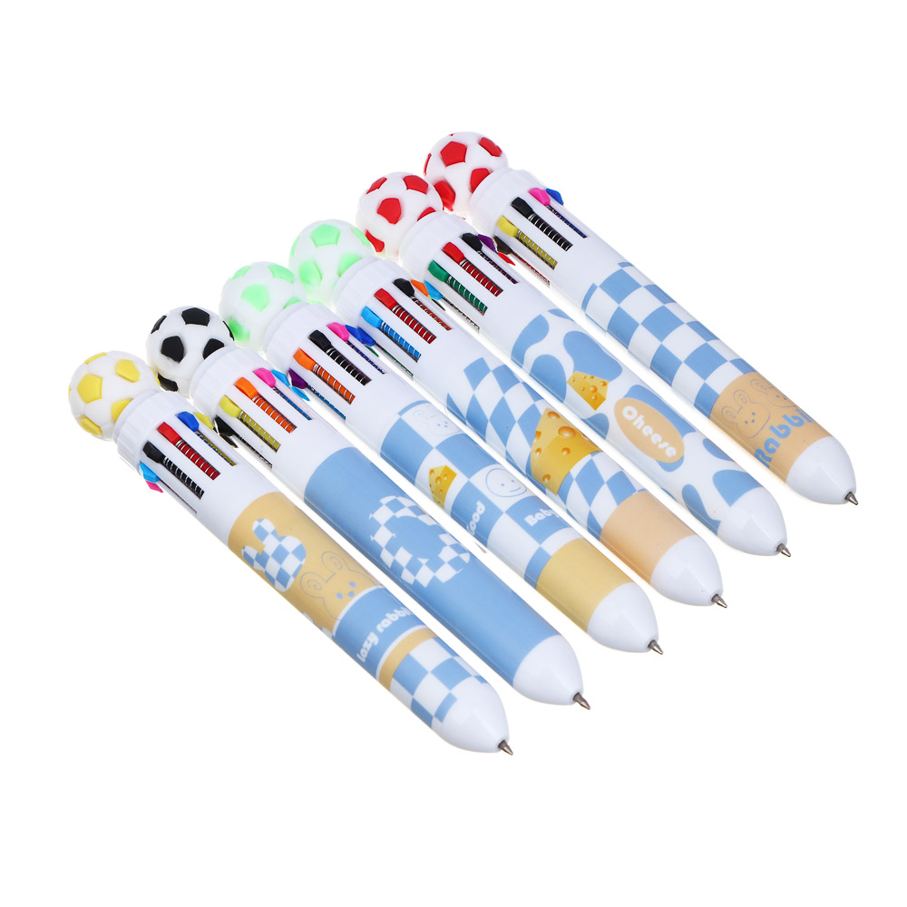 Ручка шариковая автоматическая 10-ти цветная с фигуркой в форме футбольного мяча, 6 дизайнов, арт.№ 591-263