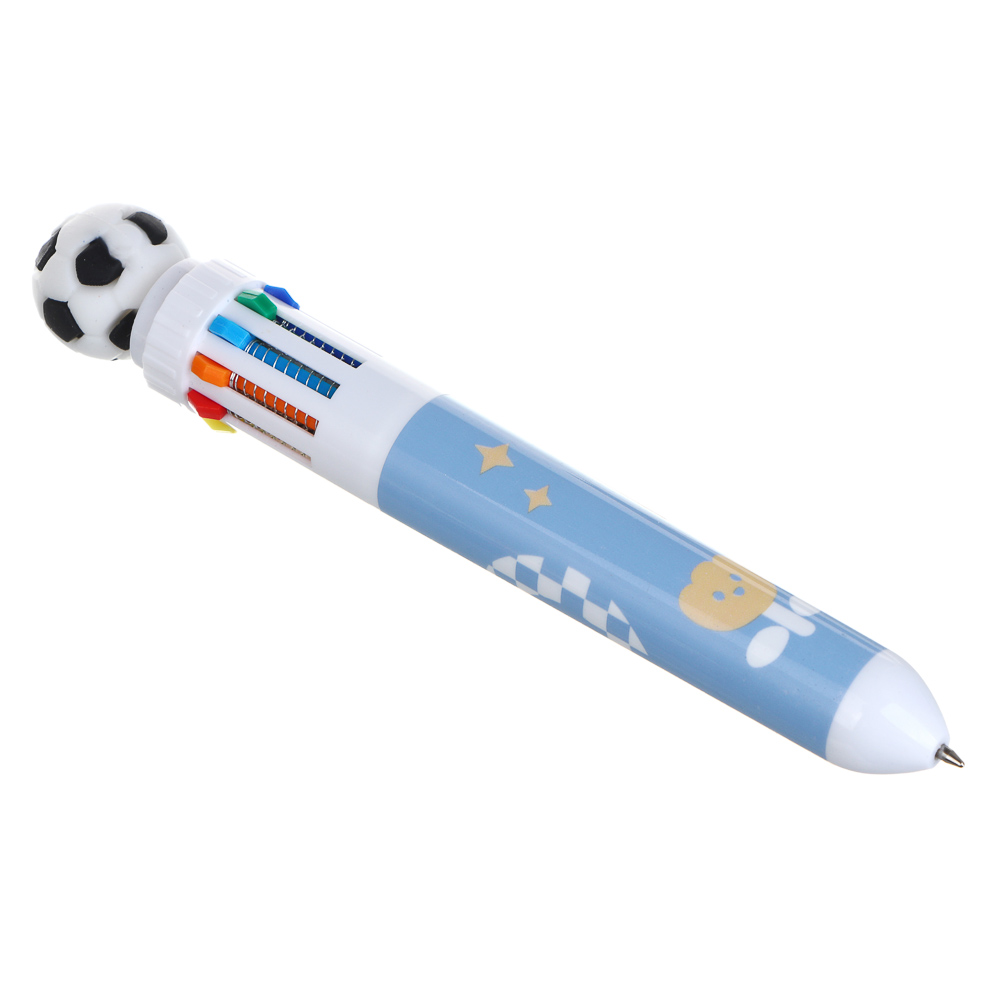 Ручка шариковая автоматическая 10-ти цветная с фигуркой в форме футбольного мяча, 6 дизайнов, арт.№ 591-263
