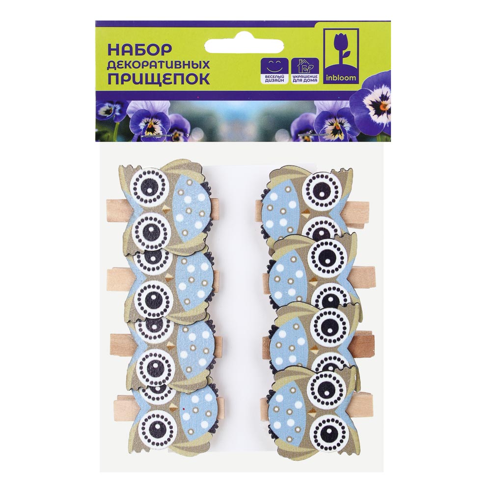 INBLOOM Набор декоративных прищепок 8шт, 4.5см, дерево, 6 видов, арт.№ 153-171
