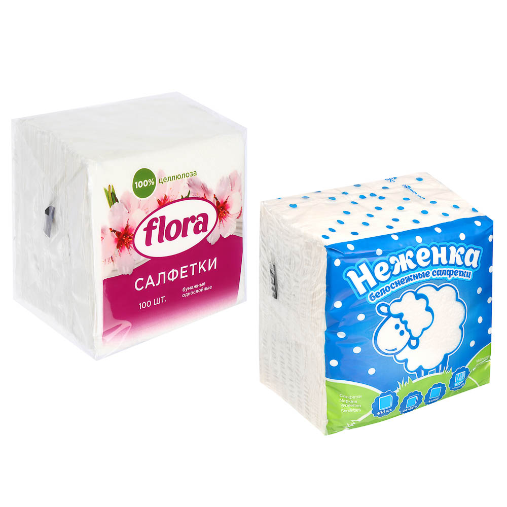 Салфетки бумажные Flora/Неженка,однослойные 100 шт, п/у, арт.№ 912-009