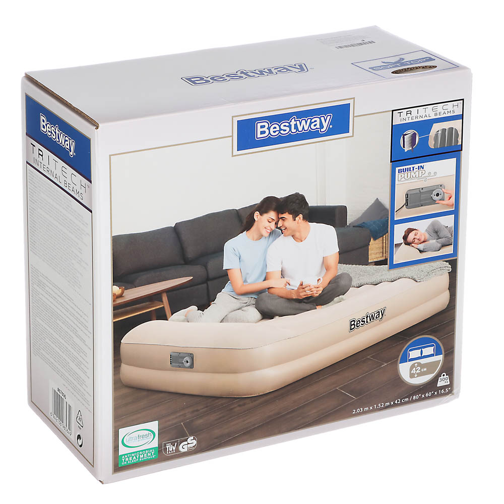 BESTWAY Кровать надувная Queen со встроенным электронасосом, PVC, 203x152см x 42см, 67696, арт.№ 106-026