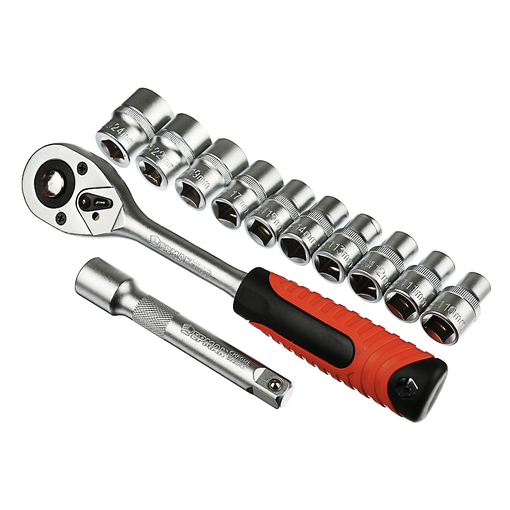 ЕРМАК Набор профессионального инструмента, 12 предм., 1/2" (головки, удлинитель и трещотка), арт.№ 736-161