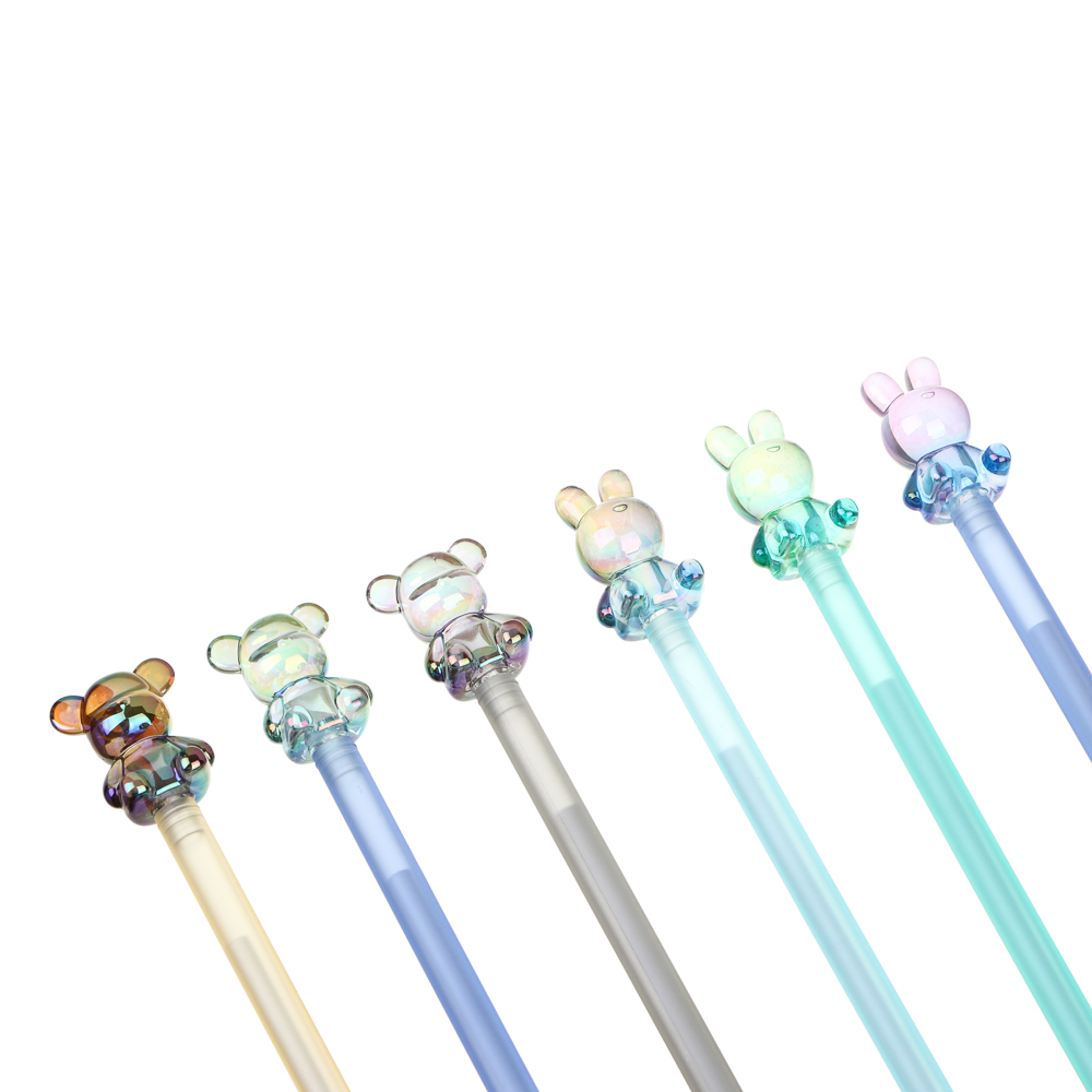 Ручка гелевая синяя, наконечник в форме мишки и зайчика, пластик, акрил, 20 см, 6 цветов корпуса, арт.№ 591-028