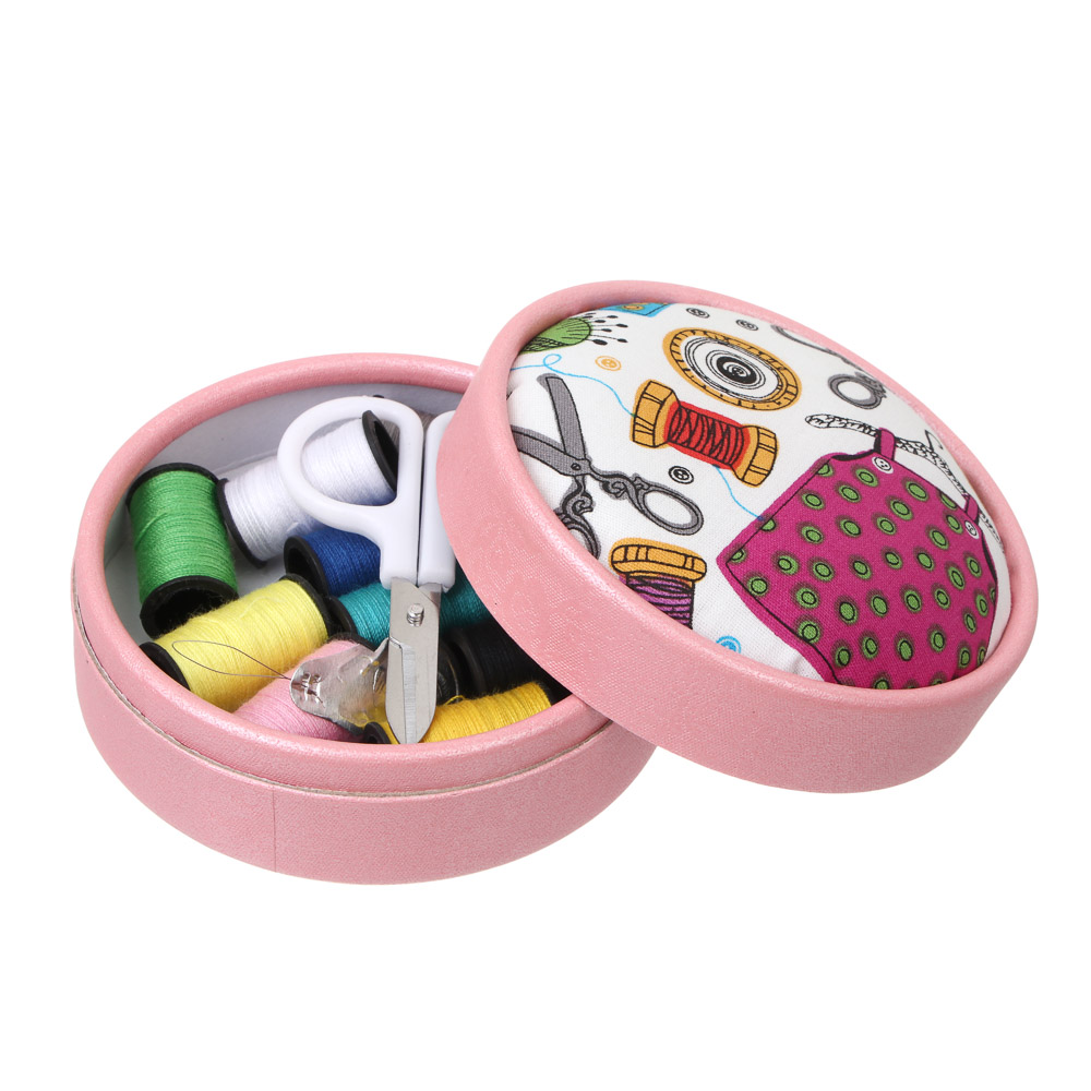 Набор швейных принадлежностей в круглом корпусе, d8,5х4,5см, 21 предмет, 2 дизайна, арт.№ 308-409