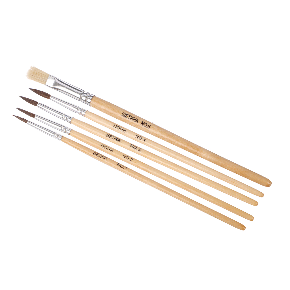 Набор кистей ClipStudio 5 шт (белка №1,3 волос пони № 2,4, щетина №6) в пакете с подвесом, арт.№ 583-225